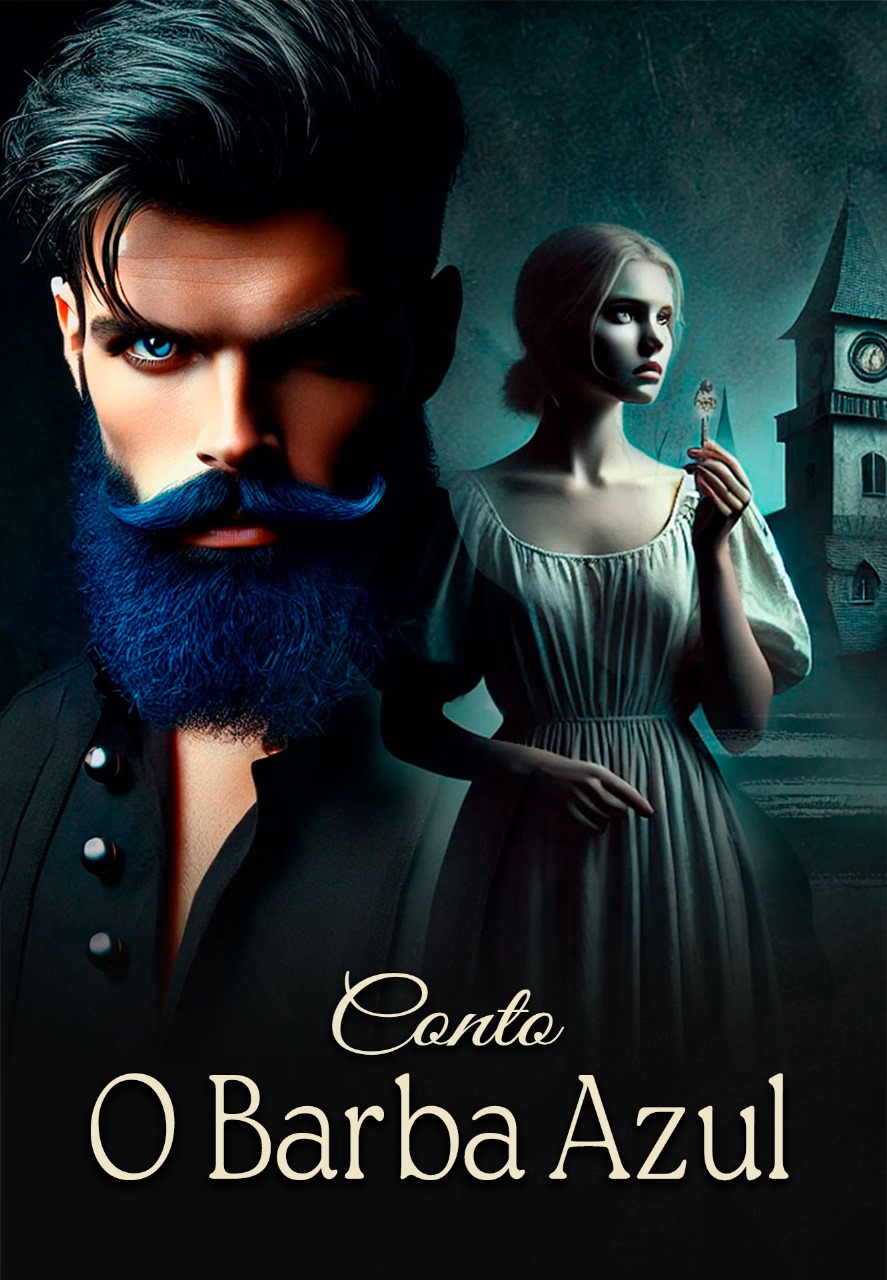 Portrait of a man with bright blue beard and mustache, and a woman in a white dress holding a key, with a clock tower in the background.