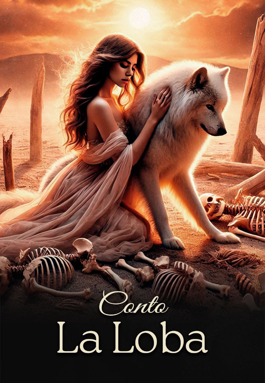 Woman in flowing dress kneeling beside a large white wolf in a desolate landscape surrounded by skeletons and tree stumps under an orange sky, with text 'Conto La Loba'.