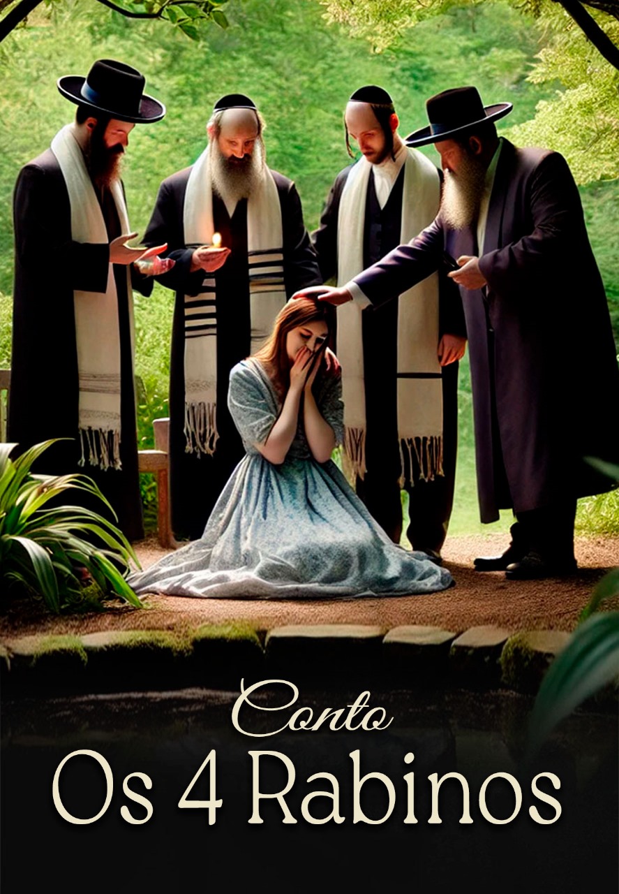 Four men in traditional Jewish attire standing around a seated woman in a light blue dress; one man is touching her head, and another holds a lit candle, set outdoors with greenery in the background.