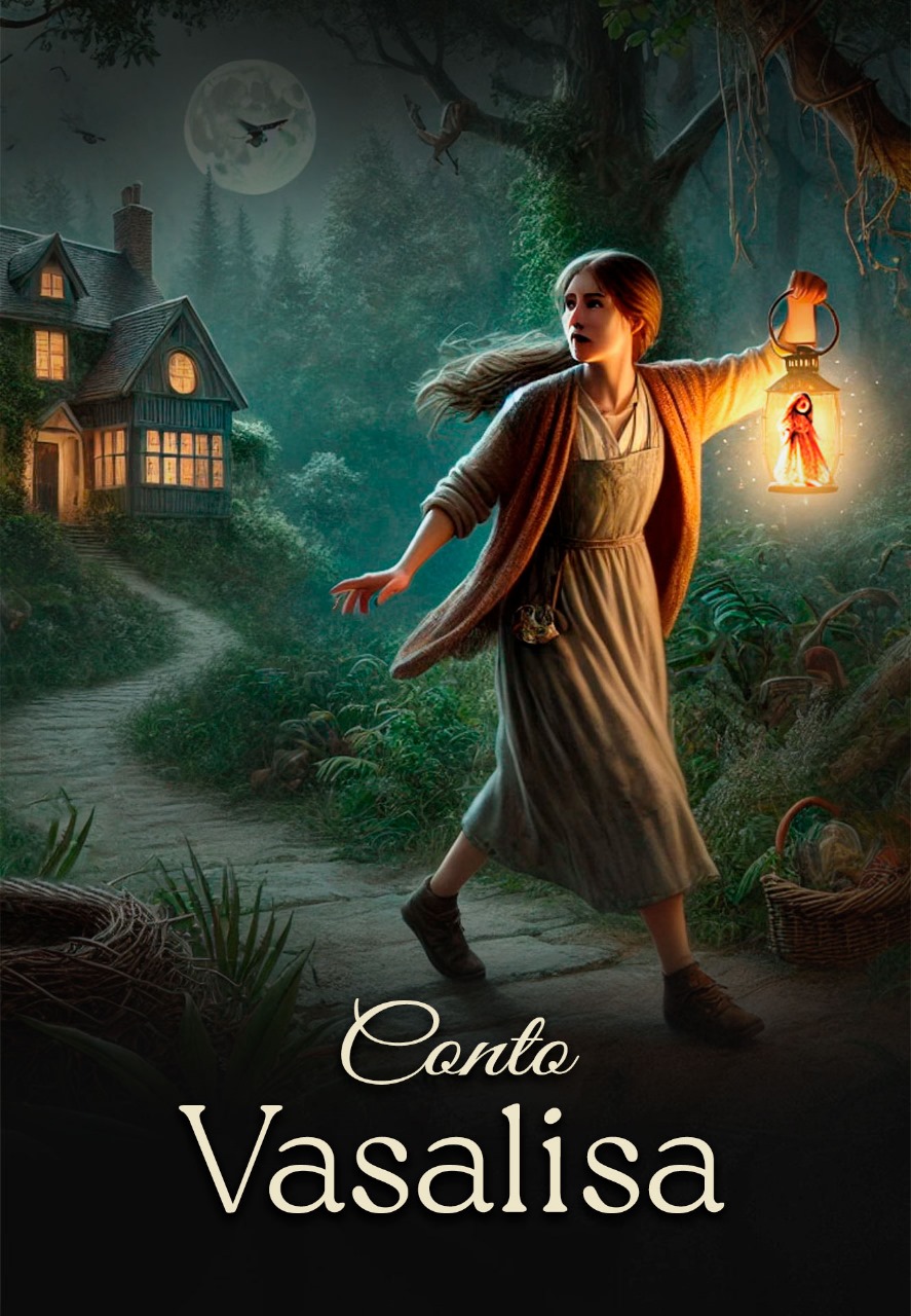 Young woman in a dress and cardigan holding a glowing lantern walking on a forest path at night with a house and full moon in the background.