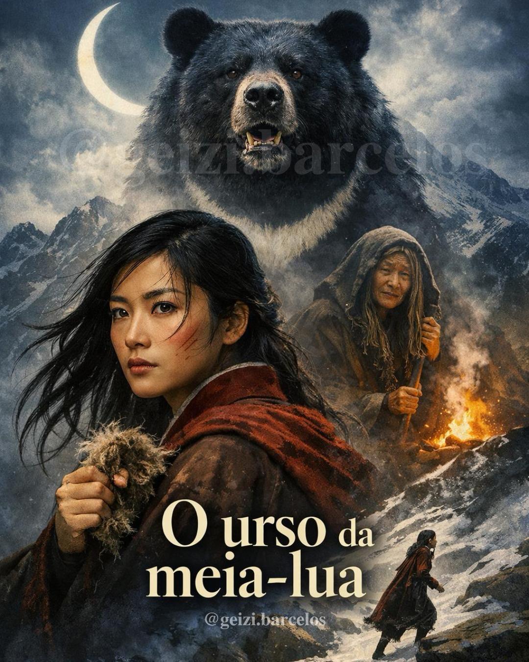 Movie poster featuring a determined young woman with a scar on her cheek, an elderly person by a campfire, a large bear with a crescent moon in the cloudy night sky, and a mountainous snowy landscape.